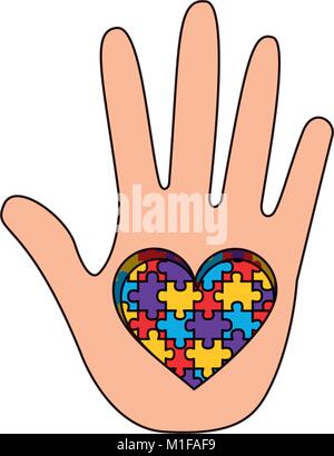 Mano con puzzle cuore simbolo di autismo Illustrazione Vettoriale