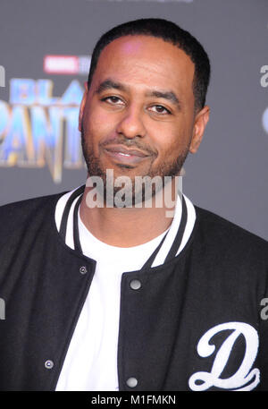 Los Angeles, California, USA. 29 gen, 2018. Amin Elhassan assiste la Premiere mondiale di Marvel Studios" "Black Panther' al teatro Dolby on gennaio 29, 2018 a Los Angeles, California. Foto di Barry re/Alamy Live News Foto Stock