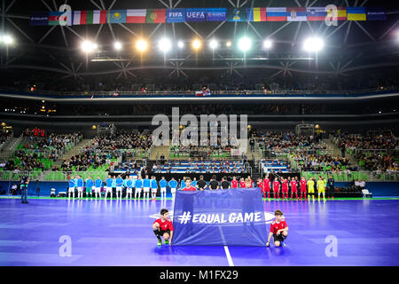 Lubiana, Slovenia. 30 gen, 2018. Vista generale di Arena Stozice è visto su questa immagine prima per il kick off del primo match di UEFA Futsal europeo Campionato 2018 a Arena Stozice di Lubiana, Slovenia il 30 gennaio 2018. Credito: Jure Makovec/Alamy Live News Foto Stock