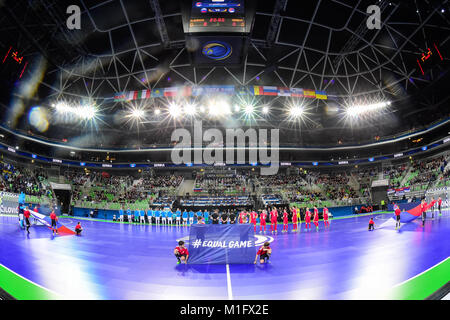 Lubiana, Slovenia. 30 gen, 2018. Vista generale di Arena Stozice è visto su questa immagine prima per il kick off del primo match di UEFA Futsal europeo Campionato 2018 a Arena Stozice di Lubiana, Slovenia il 30 gennaio 2018. Credito: Jure Makovec/Alamy Live News Foto Stock