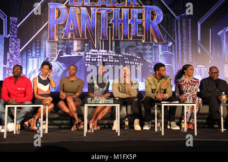 Beverly Hills, Stati Uniti d'America. 30 gen, 2018. Daniel Kaluuya, Letitia Wright, Danai Gurira, Lupita Nyongo, Michael B. Giordania, Chadwick Boseman, Angela Bassett, Forest Whitaker 01/30/2018 "Black Panther " conferenza stampa tenutasi presso la Montage Beverly Hills Hotel di lusso a Beverly Hills, CA Credito: Hollywood News filo Inc./Alamy Live News Foto Stock