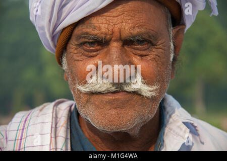 Il vecchio uomo indiano in turbante con il grigio / grigio baffi al Taj Mahal, Agra, pronunciare Pradesh, India Foto Stock