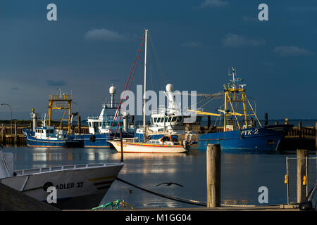 L'ultimo sun prima di rainclouds sono in arrivo, porto di Hoernum o Hörnum, sull'isola di Sylt, Mare del Nord, Schleswig-Holstein, Germania, Europa Foto Stock