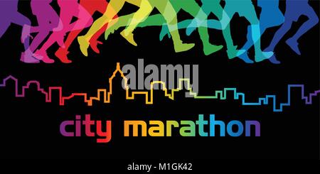 Esecuzione di concorrenza. La folla di persone è in esecuzione nella città di maratona. Illustrazione Vettoriale