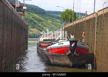 Freighter al floodgate della Moselle villaggio Wintrich, Mosella, Renania-Palatinato, Germania, Europa Foto Stock