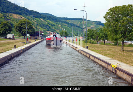 Freighter al floodgate della Moselle villaggio Wintrich, Mosella, Renania-Palatinato, Germania, Europa Foto Stock