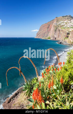 Madeira Portogallo Madeira vista verso Cabo Girao uno dei la più alta del mondo scogliere sul mare da Camara de Lobos costa sud di Madeira, Portogallo, UE, Europa Foto Stock