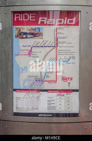 San Diego California Metropolitan Transit System (MTS), Ride Rapid Bus Route Map Foto Stock