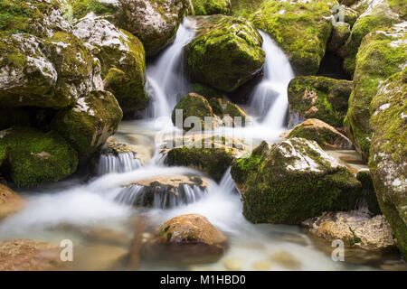 Fiume di montagna di cascate e pozze verde del fiume Sumnik, acqua Sunik grove, Lepena valley, Bovec, Slovenia Foto Stock