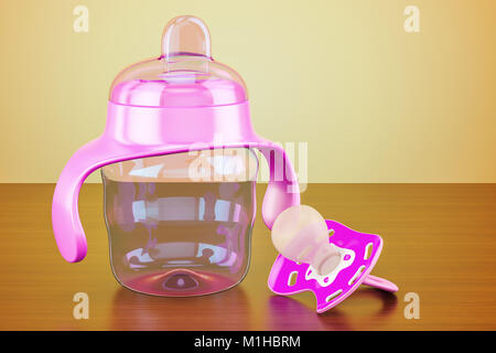 Rosa succhietto e di non versare cup sul tavolo di legno, rendering 3D Foto Stock