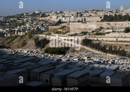 Panorama al Monte del Tempio la Città Vecchia di Gerusalemme, presi dalle olive, o sul Monte degli Ulivi, in primo piano pietre antiche lapidi, Israele. Foto Stock