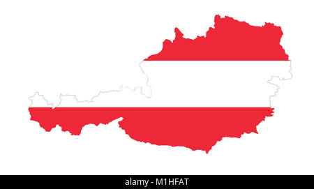 Repubblica di Austria bandiera in silhouette di paese. Continente e frontiere come contorno, entro il banner della nazione nei colori rosso e bianco. Foto Stock