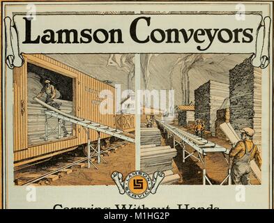 A due colori pubblicità illustrazione il Mulinello Lamson trasportatore azienda nastri trasportatori, raffiguranti due scene, uno in cui un operaio scarica un asse di legno da una carrozza del treno su un trasportatore, altri in cui un operaio carichi di tavole di legno da pali circostante su un nastro trasportatore che trasporta i listoni in una fabbrica in background, da pagina 81 di un 1919 Rilascio di 'il Literary Digest', Marzo 22, 1919. () Foto Stock