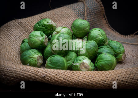 I cavoletti di Bruxelles su hessian Foto Stock