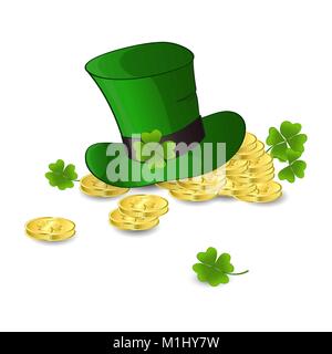 Hat del leprechaun e monete d'oro con il chiodo di garofano Illustrazione Vettoriale