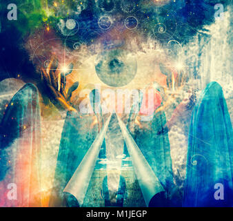 Mistico pittura astratta, colori vivaci con mani grandi occhi, figure drappeggiate in panno e una lacerazione dell'immagine con bordi di curling Foto Stock