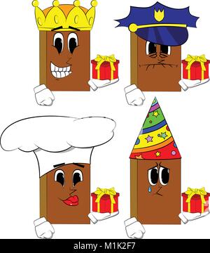 Libri azienda piccola confezione regalo. Cartoon raccolta libraria con facce in costume. Vettore di espressioni set. Illustrazione Vettoriale