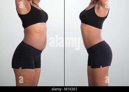 Prima e dopo il concetto che mostra il grasso a Slim donna africana su sfondo grigio Foto Stock