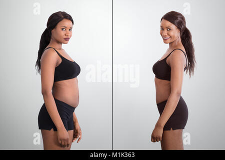 Prima e dopo il concetto che mostra il grasso a Slim donna africana su sfondo grigio Foto Stock