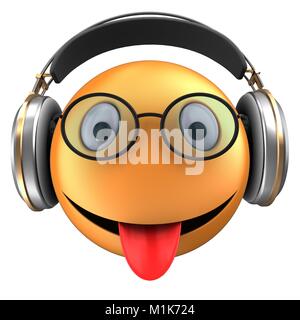3d illustrazione di orange emoticon smile con le cuffie su sfondo bianco Foto Stock