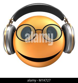 3d illustrazione di orange emoticon smile con le cuffie su sfondo bianco Foto Stock