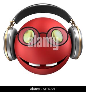 3d illustrazione di rosso sorriso di emoticon con le cuffie su sfondo bianco Foto Stock