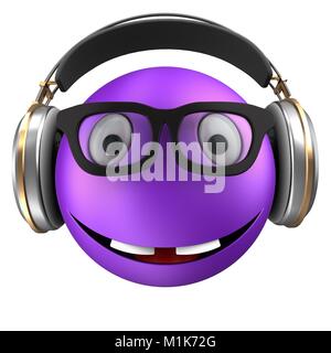 3d illustrazione di violetta emoticon smile con le cuffie su sfondo bianco Foto Stock