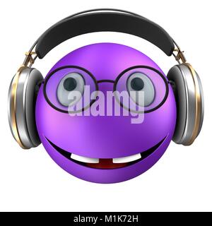 3d illustrazione di violetta emoticon smile con le cuffie su sfondo bianco Foto Stock