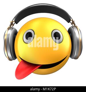 3d illustrazione di giallo sorriso di emoticon con le cuffie su sfondo bianco Foto Stock