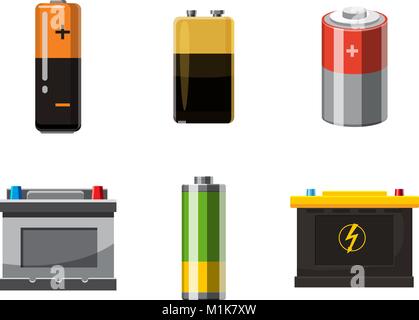 Icona della batteria impostare, stile cartoon Illustrazione Vettoriale