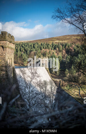 Derwent diga con acqua straripata, Derbyshire Peak District National Park, Engand, UK,GB Foto Stock