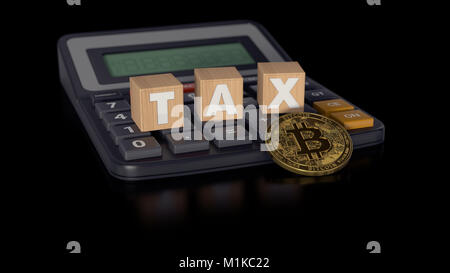 Concetto fiscale con blocchi di legno su una calcolatrice e Bitcoin. Il rendering 3D Foto Stock