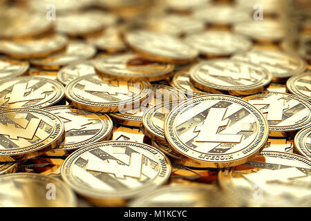 Pila di golden Litecoin monete in primo piano sfocato con copia al di sopra dello spazio nella zona sfocata. Il rendering 3D Foto Stock