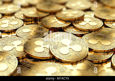 Pila di golden Ripple XRP monete in primo piano sfocato con copia al di sopra dello spazio nella zona sfocata. Il rendering 3D Foto Stock