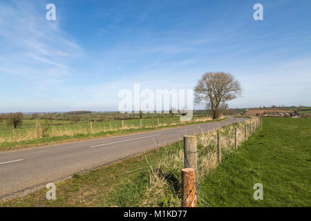 Una immagine di una strada di campagna che passa attraverso la campagna di Leicestershire, Inghilterra, Regno Unito. Foto Stock