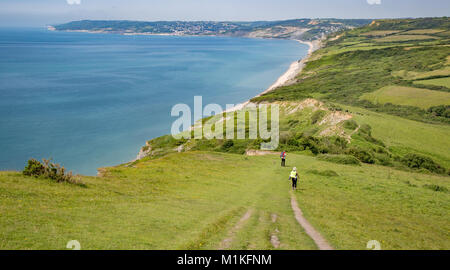 Walkers discendente dalla Golden Cap il punto più alto della sezione meridionale della costa sud-ovest verso il percorso di Lyme Regis e testa di birra Dorset Regno Unito Foto Stock