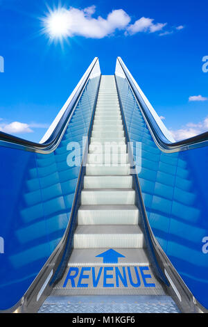 Escalator in un cielo blu con il testo delle entrate, il concetto di realizzazione, senza sforzo guadagnando la ricchezza, diventando ricco, la prospettiva di un futuro luminoso Foto Stock