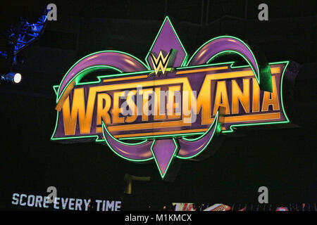 Philadelphia, PA, Stati Uniti d'America. 30 gen, 2018. WWE Wrestlemania segno dentro la Wells Fargo Center per quattro notti di mostra in Philadelphia, Pa su gennaio 30, 2018 Credit: Star Shooter/media/punzone Alamy Live News Foto Stock