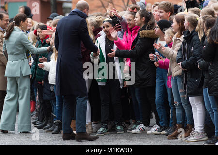 Stoccolma, Svezia, 31 gennaio, 2018. Il Duca e la Duchessa di Cambridge, Tour di Svezia 30th-31th Gennaio,2018. Lei a Mattesusskolan - Scuola di Matteus./Alamy Live News Foto Stock