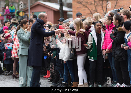 Stoccolma, Svezia, 31 gennaio, 2018. Il Duca e la Duchessa di Cambridge, Tour di Svezia 30th-31th Gennaio,2018. Lei a Mattesusskolan - Scuola di Matteus./Alamy Live News Foto Stock