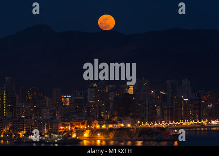 Benidorm, Costa Blanca, Spagna, 31 gennaio 2018. Il supermoon sorge oltre le montagne dietro la città di Benidorm, esso viene visualizzato in rosso, quindi il titolo, sangue luna, come visto da un punto di vista vantaggioso vicino alla fine della spiaggia di Ponente, Mirador Carrer de la Ermita. Credito: Mick Flynn/Alamy Live News Foto Stock