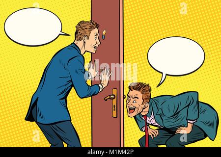 Due uomini spy reciprocamente attraverso la porta Illustrazione Vettoriale