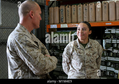 Sgt. Il Mag. James Calbough, sinistra, gruppo sergente maggiore, 3° Logistica Marine Group discute i piani futuri con la CPL. Stephanie Olivares durante una visita a Darwin, in Australia a gennaio 28, 2018. Calbough accompagnato Brig. Gen. Daniel Conley, comandante generale, 3° Marine Logistics Group, nel corso di un sondaggio del sito di apparecchiature a terra di programma di sostegno a varie basi in Darwin in preparazione per la Marina forza rotazionale - Darwin programmate per iniziare a marzo. La presenza degli STATI UNITI Marines in Australia riflette la alleanza duratura e di comuni interessi di sicurezza nella regione e migliora l'interoperabilità Foto Stock