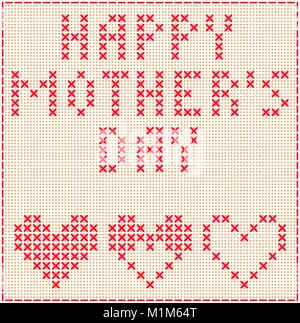 Lettering imitazione di i ricami a punto croce. 3 differenti cuori. Cucito e ricamo, fatte a mano Illustrazione Vettoriale