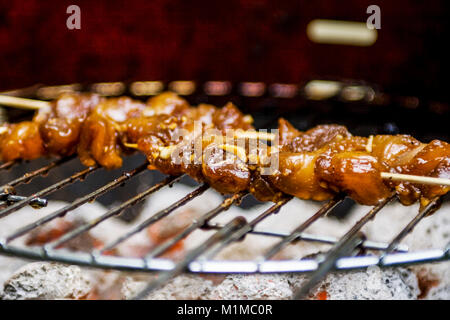 Spiedini di pollo satay su barbecue Foto Stock