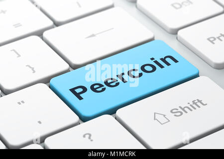 Concetto Blockchain: Peercoin sulla tastiera del computer sullo sfondo Foto Stock
