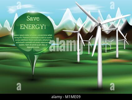 Impianti di energia eolica con il pin Illustrazione Vettoriale