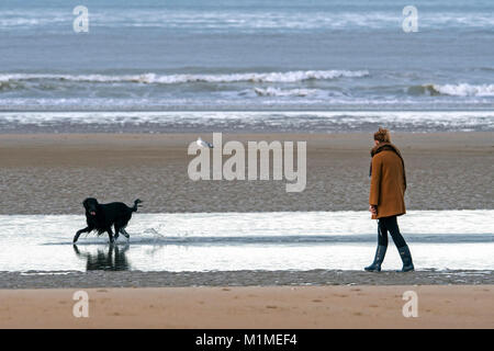 Lonely Donna che cammina su una desolazione spiaggia sabbiosa con giocosa cane nero che corre attraverso l'acqua lungo la costa del Mare del Nord in inverno Foto Stock