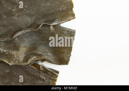 Essiccato alghe kombu (Laminariaceae longissima) isolato su sfondo bianco Foto Stock