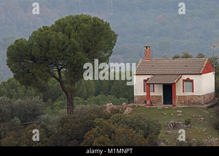 Casa isolata sulla collina con la pietra di pino Parque Natural Sierra de Andujar, Jaen, Spagna gennaio Foto Stock
